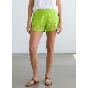 Del Mar Women‎ Neon Lime Green Crochet Geometric Swimsuit Cover-Up Shorts Size L